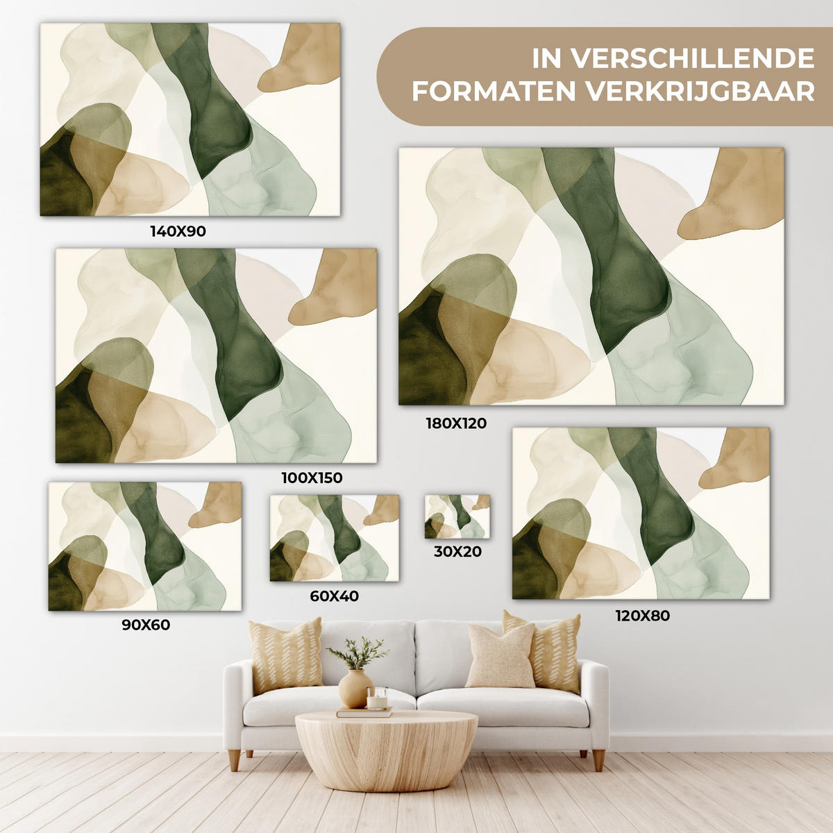 LEINWANDBILD Japandi - Abstrakt - Grün 30x20 cm - Salbeigrün, Textil (30/20cm) - MuchoWow