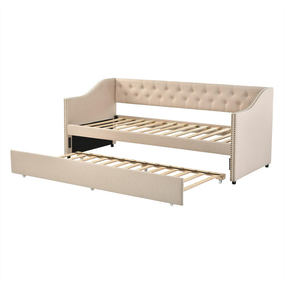 POLSTERBETT 90x200 cm mit Rückenlehne - mit Ausziehbett und Armlehnen - ohne Matratze - Beige - Beige, Textil (90/200cm) - DELFA
