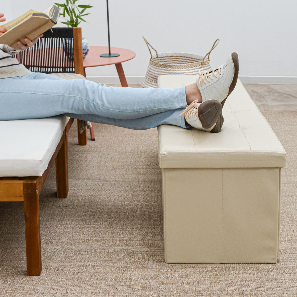 SITZBANK mit Stauraum, 110 cm, 120 Liter, Beige - Beige, Kunststoff (38/38/110cm) - Dunedesign