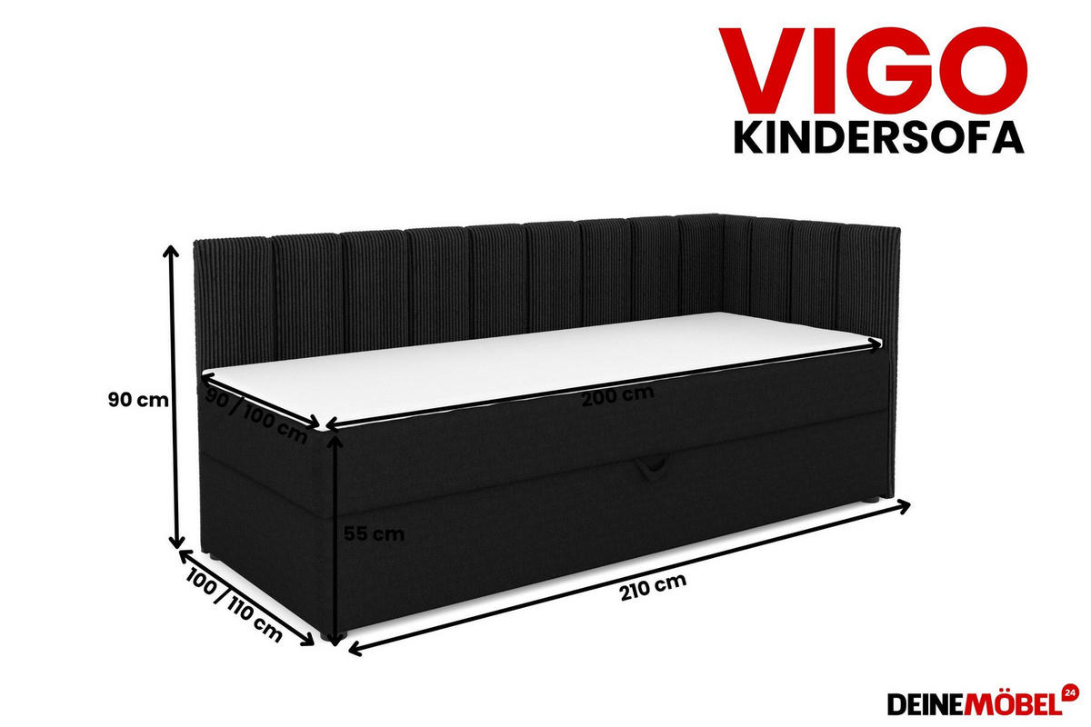 BOXBETT VIGO 100/200 cm in Cord/Velours Schwarz H3 links - Schwarz, Holz/Holzwerkstoff (100/200cm) - Deine Möbel 24