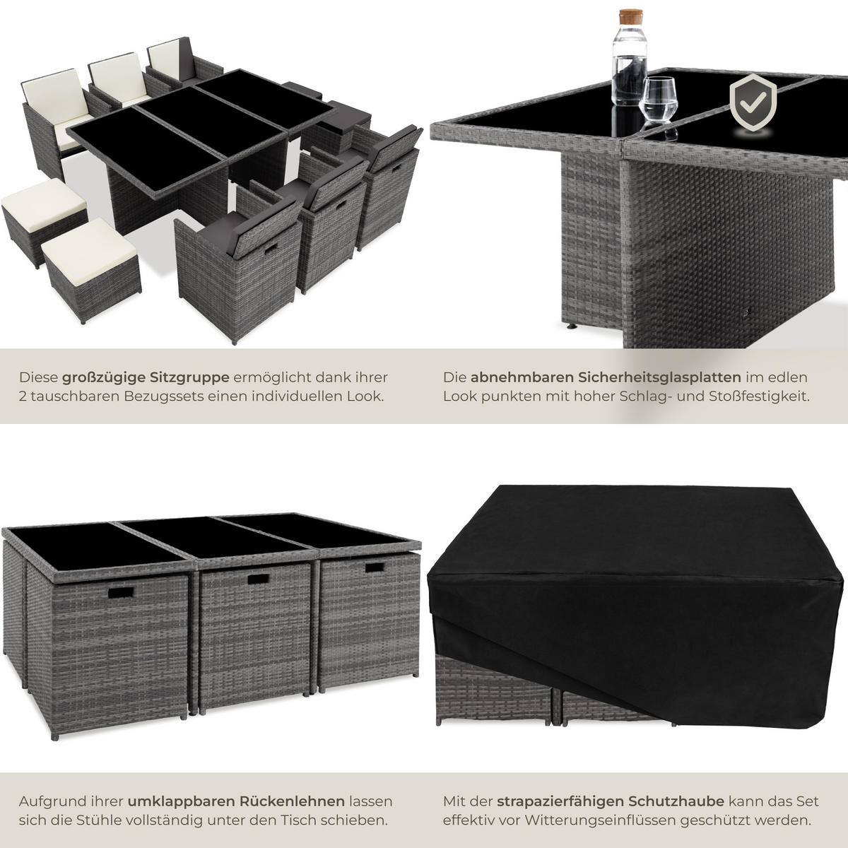 RATTAN SITZGRUPPE New York,2 Bezugssets, zusammenschiebbar, inklusive Schutzhülle,grau - Grau, Kunststoff - tectake