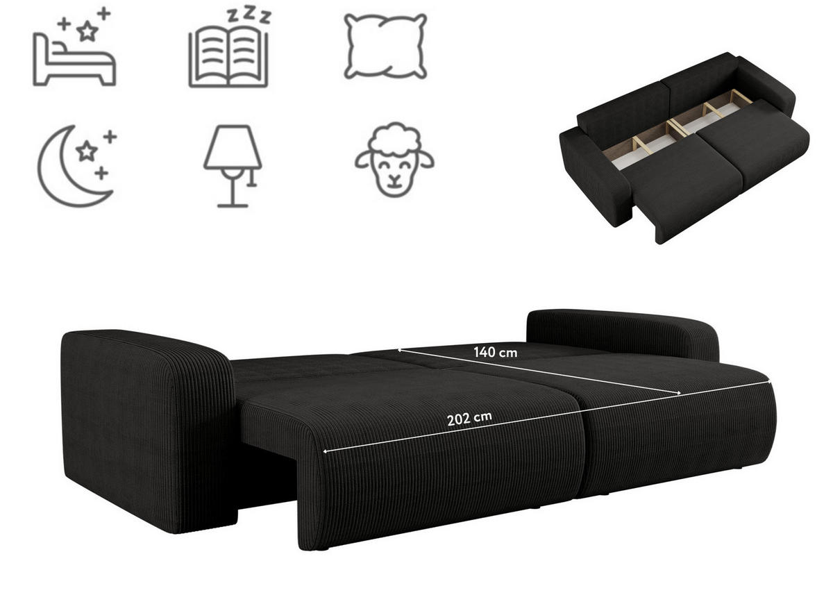 SCHLAFSOFA MILANO und Bettkasten Stoff Poso Schwarz - Schwarz, Holz (246/83/98cm) - Kaiser Möbel