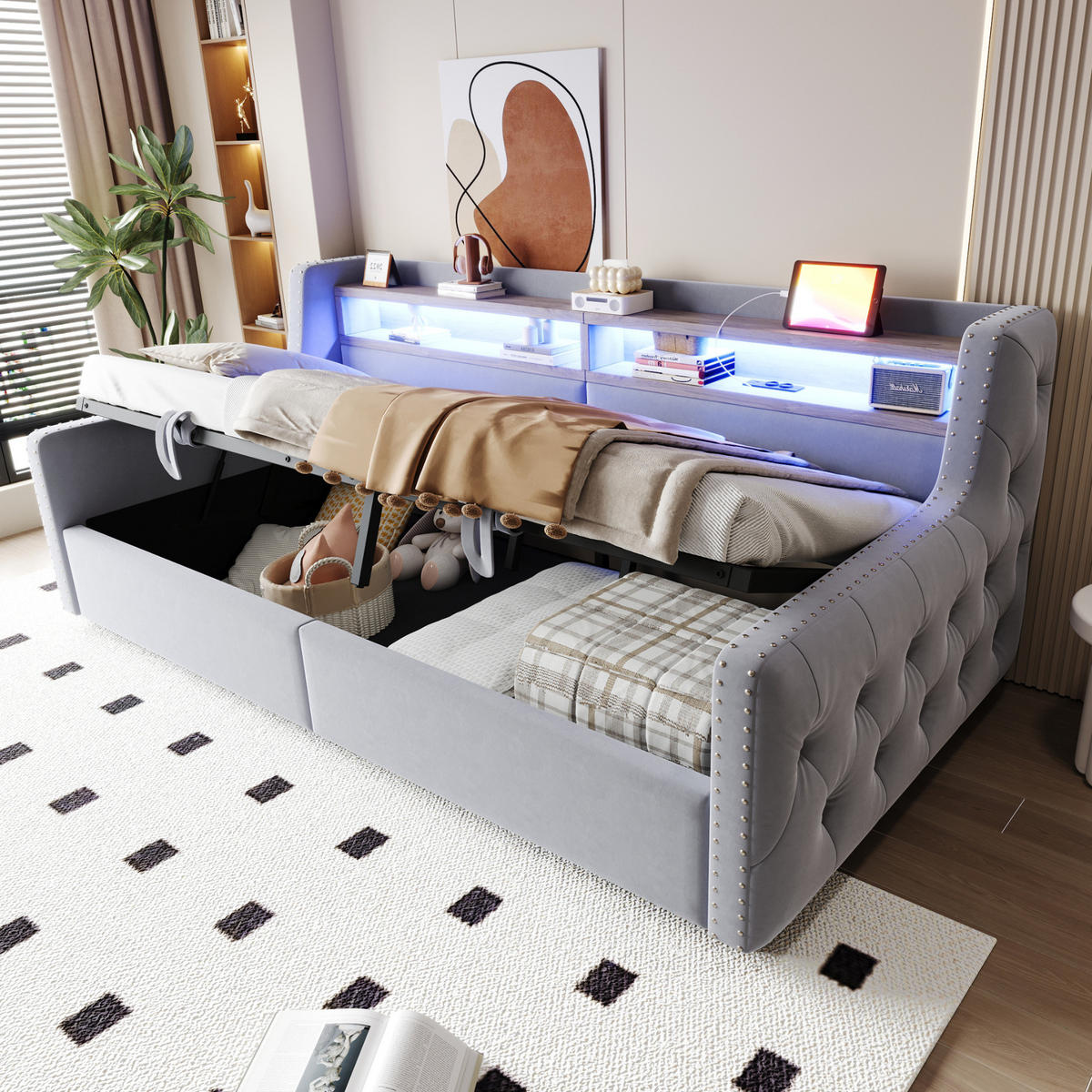POLSTERBETT 90/200 cm aus Samt mit LED-Beleuchtung, Stauraum, USB- und Typ-C-Anschluss, Hellgrau - Hellgrau, Textil (90/200cm) - Redom