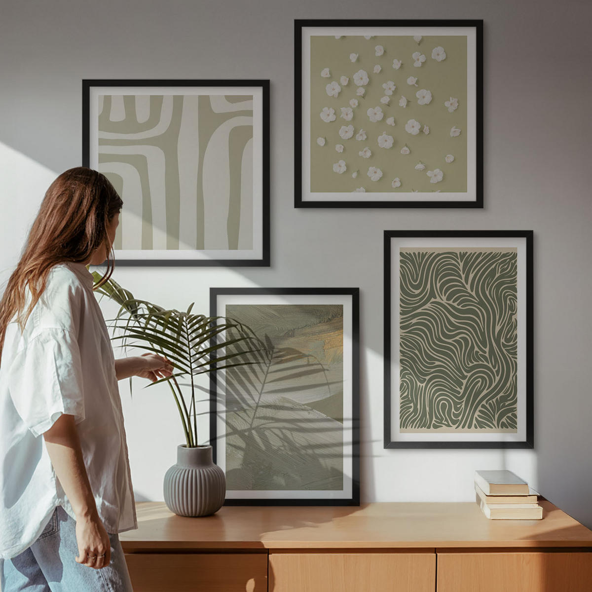 BILDER SET 4er Set - 50x50 cm & 40x60 cm Schwarzer Rahmen - Abstrakte Boho-Muster - Schwarz, Kunststoff (50/50cm) - TULUP
