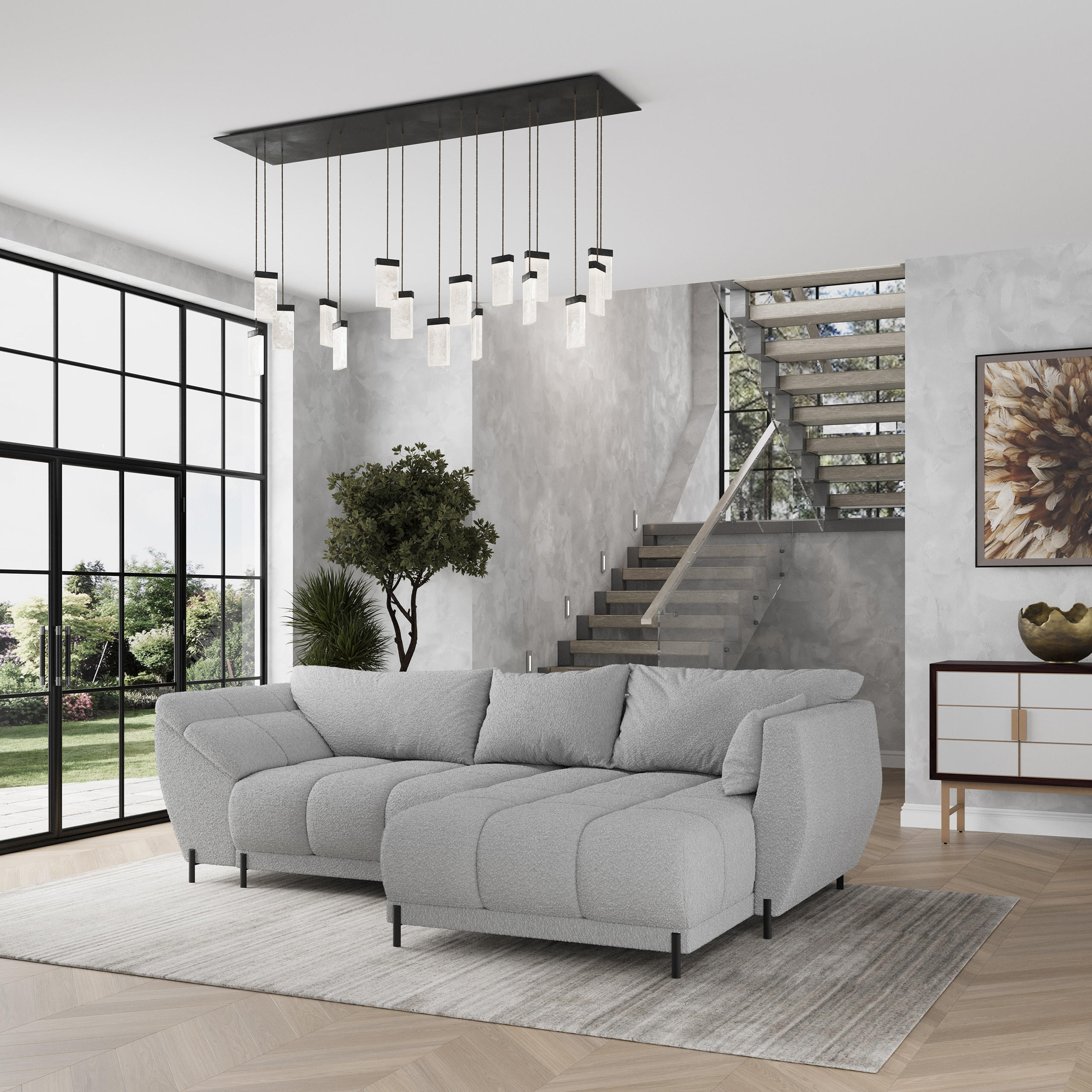 ECKSOFA VESTANO R-S Hellgrau Boucle-Stoff mit Schlaffunktion - Hellgrau, Holz (287/182cm) - MASSENO