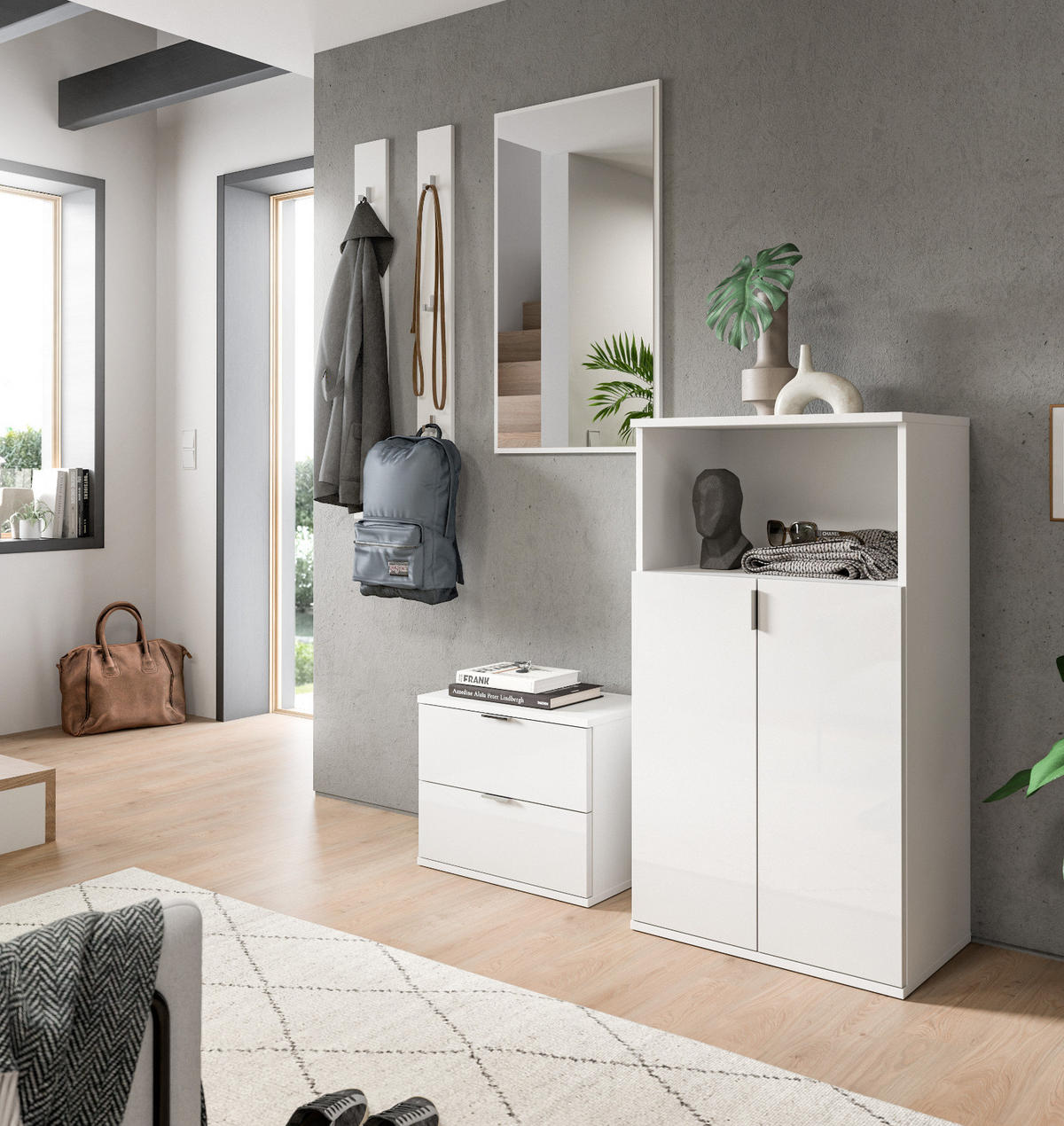 GARDEROBE Set 5-teilig weiß Hochglanz 184 cm, Flurgarderobe mit viel Stauraum - Chromfarben/Weiß Hochglanz, Glas/Holzwerkstoff (184/193/37cm) - Inn.Furn