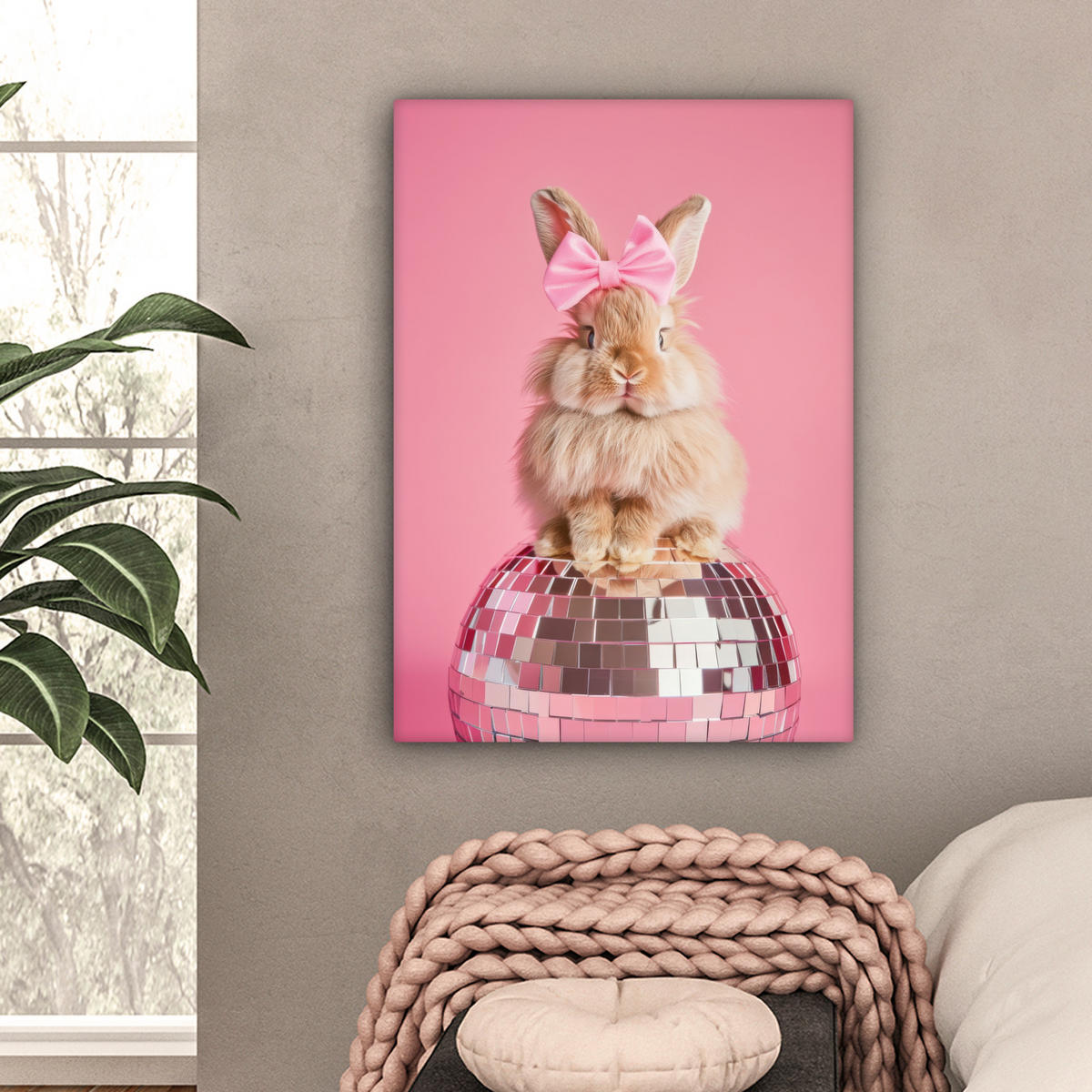 LEINWANDBILD Schleife - Discoball - Kaninchen Wandbild Wohnzimmer 60x80 cm - Pink, Textil (60/80cm) - MuchoWow
