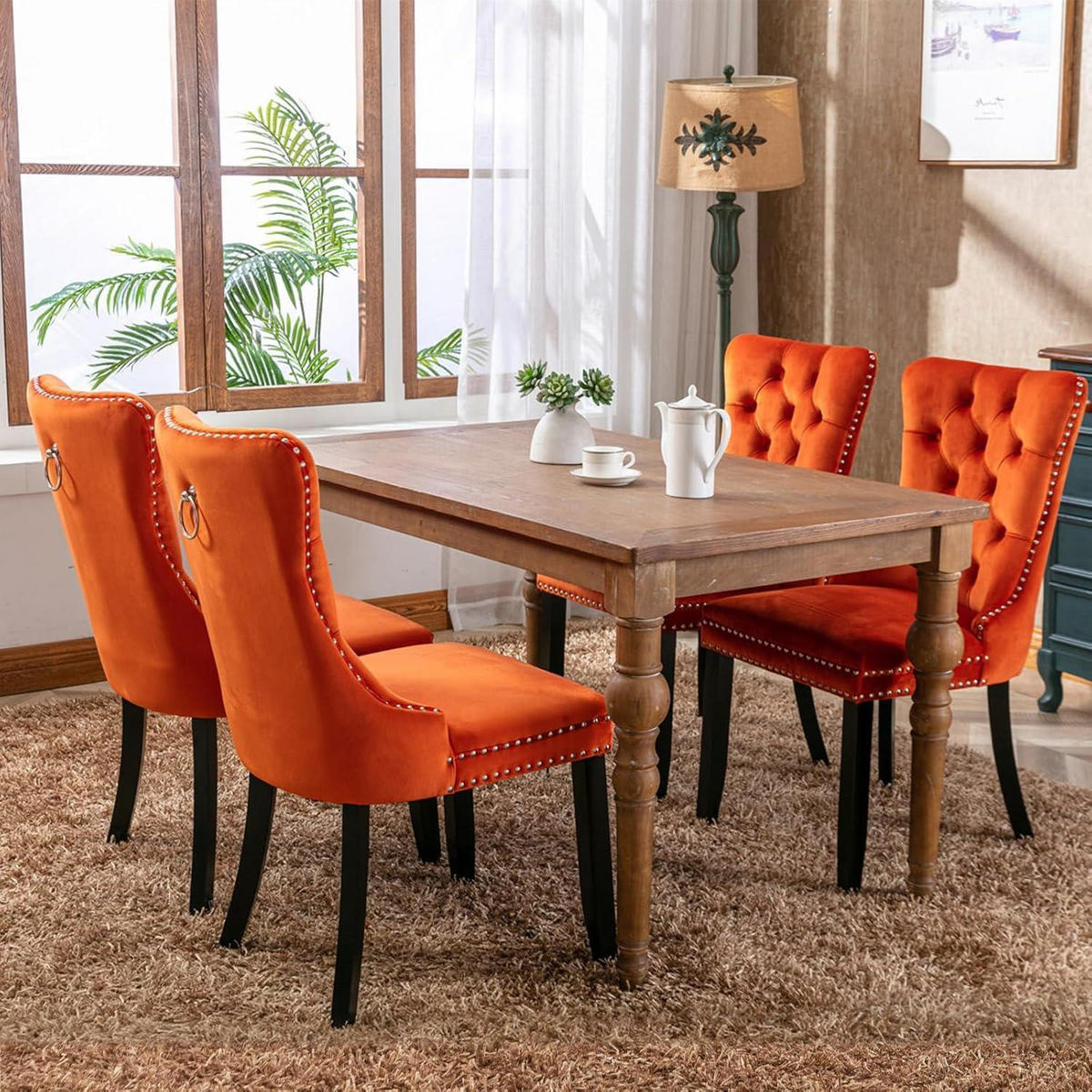 ESSZIMMERSTÜHLE 6er-Set Samt Orange mit Massivholzbeinen - Orange, Textil (50/95.2/62cm)