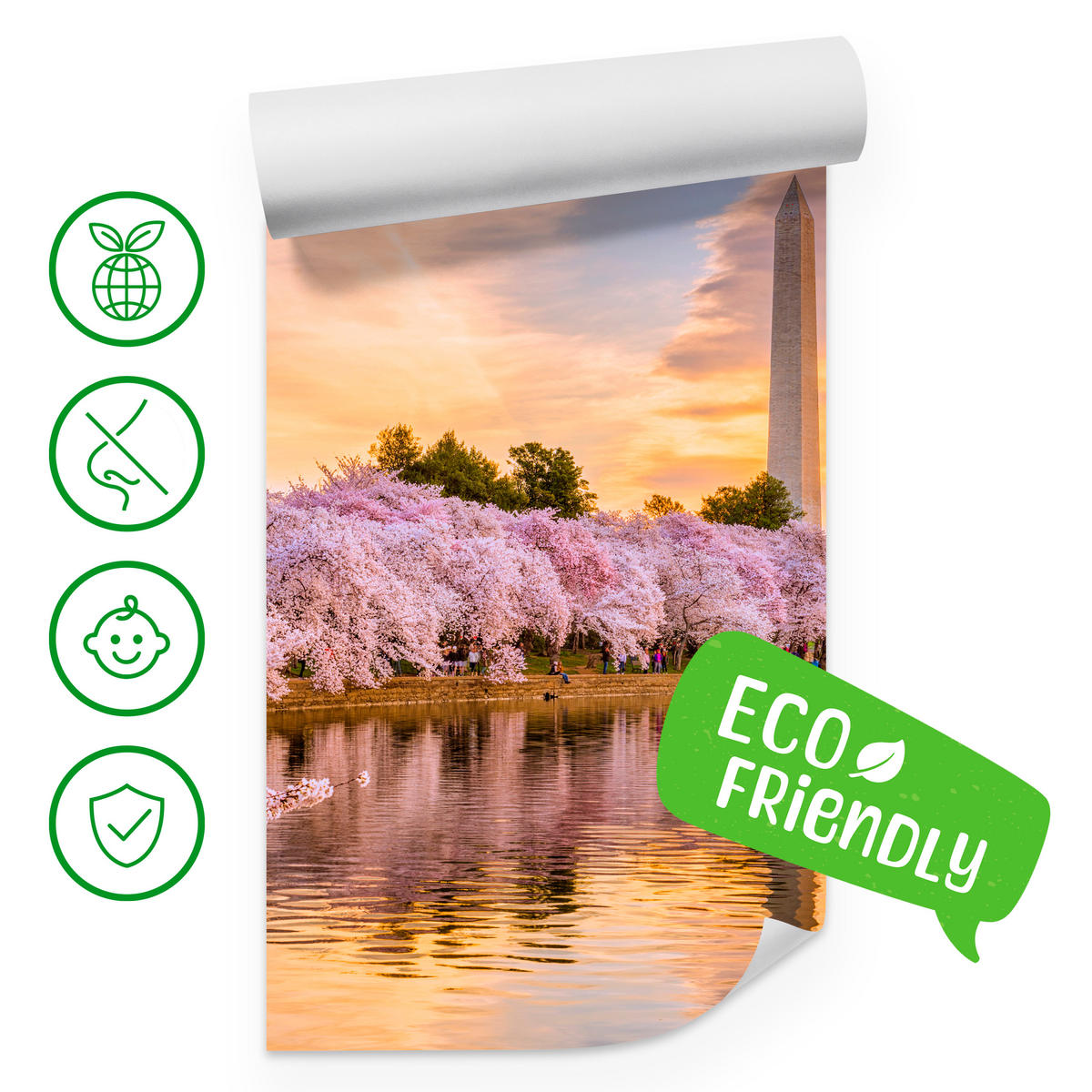 FOTOTAPETE Blühende Kirschbäume Fluss Natur Frühling Sonnenuntergang 400x280 - Blau/Gelb, Papier (400/280cm) - Muralo