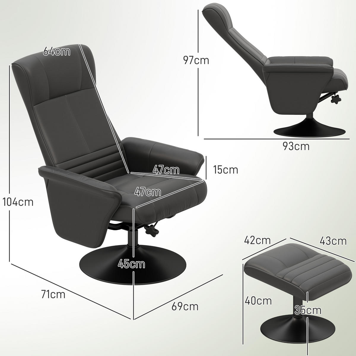 RELAXSESSEL mit Hocker Drehbarer Fernsehsessel mit Liegefunktion Mikrofasertuch - Schwarz, Kunststoff (71/104/69cm) - HOMCOM