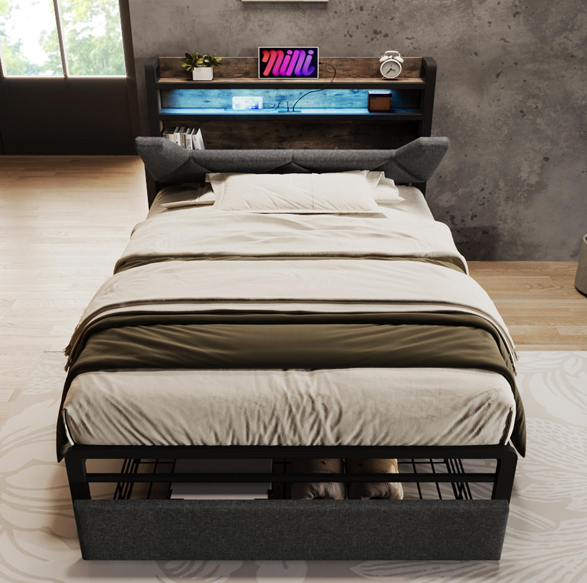 TAPECIRANI krevet od lana 90x200 cm sivi s LED rasvjetom, USB/Type-C priključcima, uzglavljem za odlaganje i ladicom - siva, tekstil (90/200cm) - Modfu