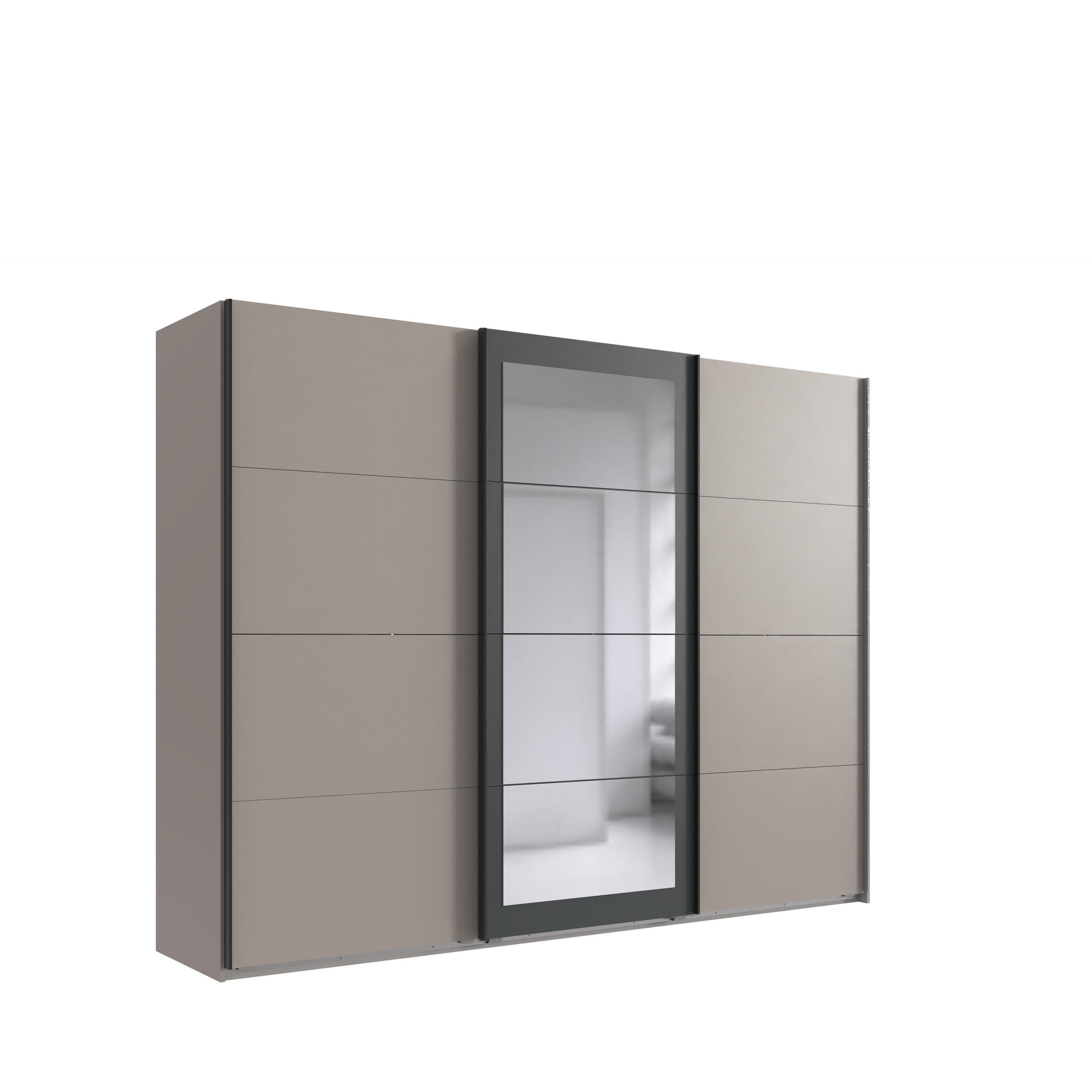 SKŘÍŇ S POSUVNÝMI DVEŘMI, 3dveřová, 270 × 210 × 65 cm (Š×V×H), zrcadlové dveře, v pískově šedé barvě s akcenty v antracitové barvě / 22007 - barva hliníku/černá, kov/kompozitní dřevo (270/208/65cm) - luma-home