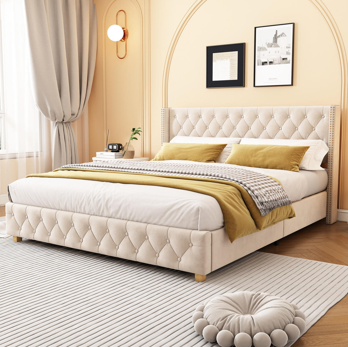 POLSTERBETT mit Lattenrost 160x200 cm Samt Hellbeige - Weiß, Metall (160/200cm) - Meubliv