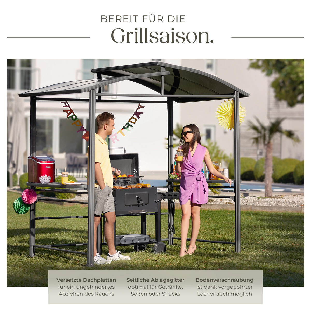 GRILLPAVILLON Asado,240 x 150 x 234 cm,grau - Grau, Metall (150/234/240cm) - tectake