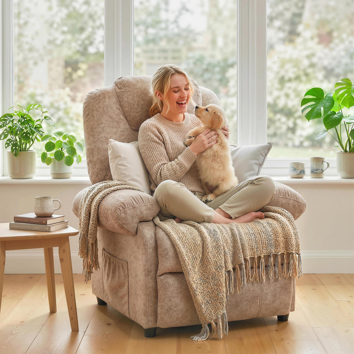 RELAXSESSEL,MANUELL Stoff ausziehbare Fußstütze Seitentasche,beige - Beige, Textil (91/108/88cm) - Vallsero