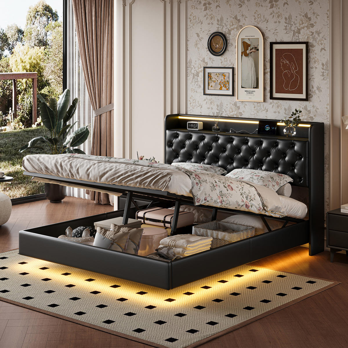 POLSTERBETT 140x200 cm, mit LED, USB & Typ-C, Bettkasten, Schwarz - Schwarz, Holz (140/200cm)