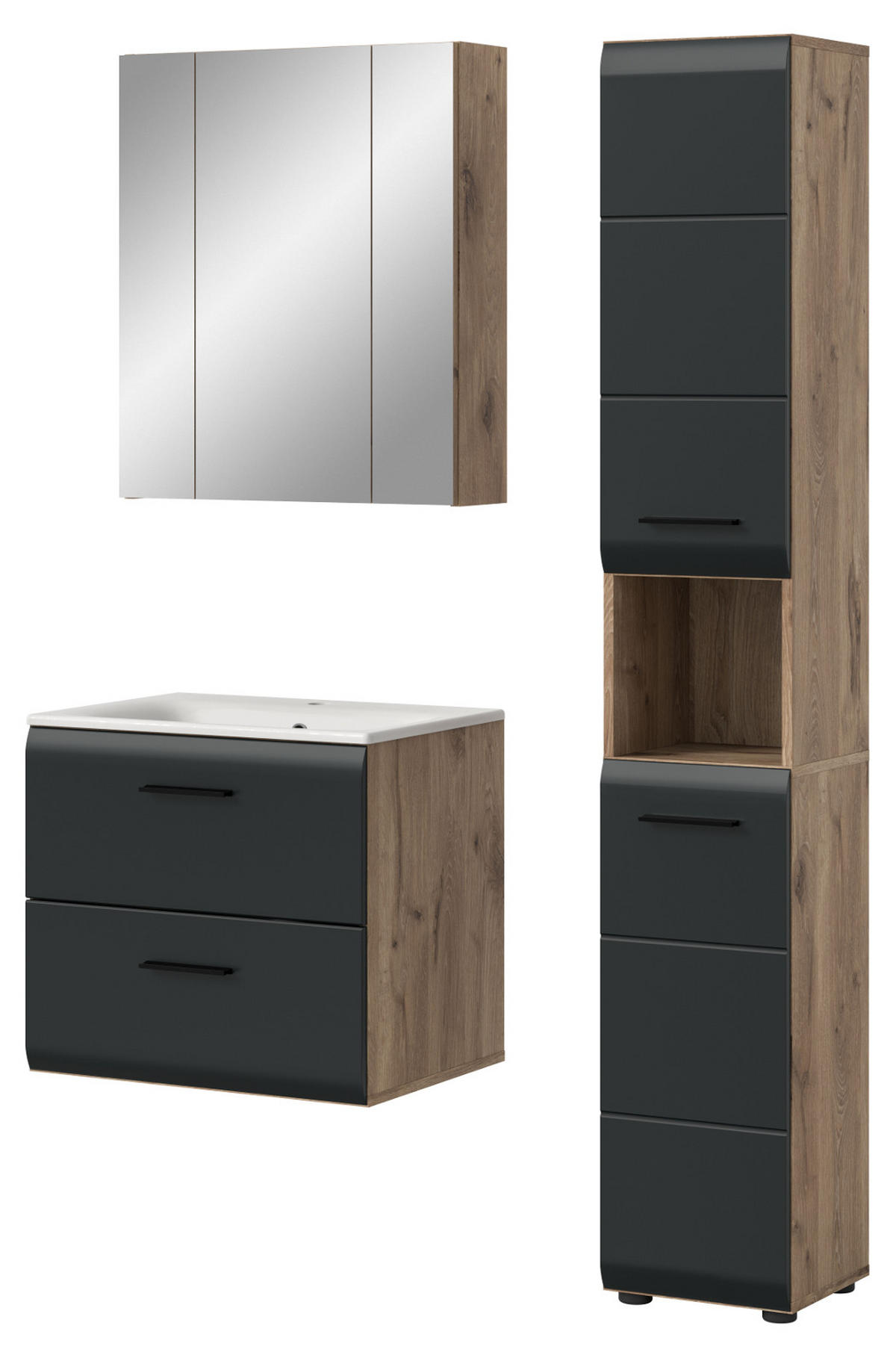 BADMÖBEL-SET 3-teilig Schwarz matt, Eiche Nox, Badezimmer Komplett-Set mit Waschbecken, 105 x 185 cm - Eichefarben/Schwarz, Glas/Keramik (105/185/46cm) - Inn.Furn