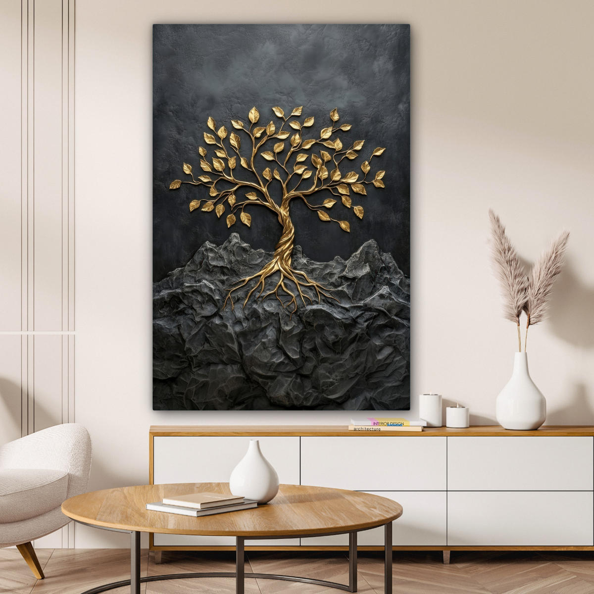 LEINWANDBILD Blätter - Gold - Baum - Fels Deko Groß 90x140 cm - Schwarz, Textil (90/140cm) - MuchoWow
