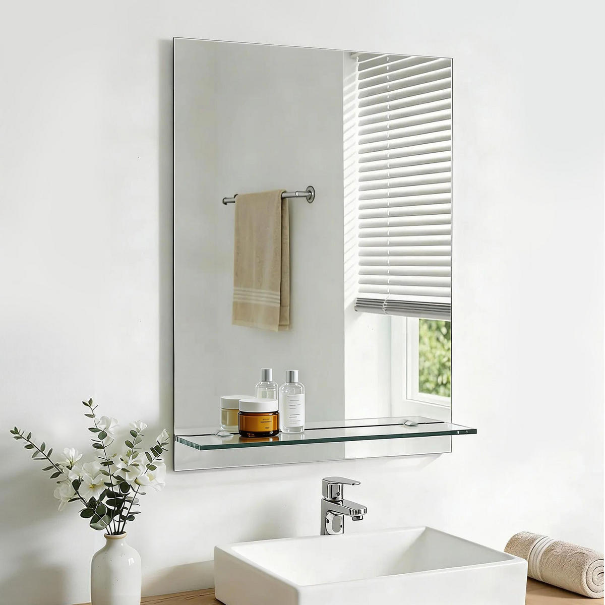 BADEZIMMERSPIEGEL 70/50 cm rechteckig mit Glasablage rahmenlos - Transparent, Glas (50/70/1cm) - S'AFIELINA
