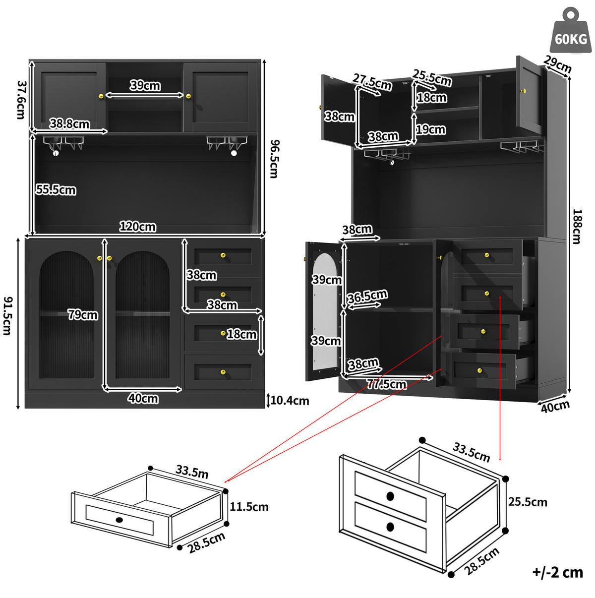 KREDENC, 120/40/188 cm, MDF crni, s LED rasvjetom - crna, drvni materijal (120/188/40cm) - BEAOK