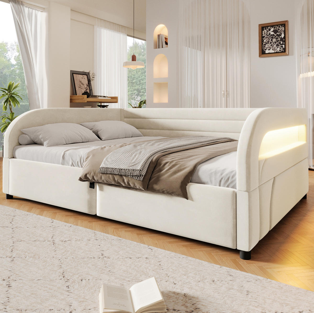 POLSTERBETT 140x200 cm in Beige mit hydraulischem Stauraum und LED-Beleuchtung - Beige, Textil (140/200cm) - IVMEU