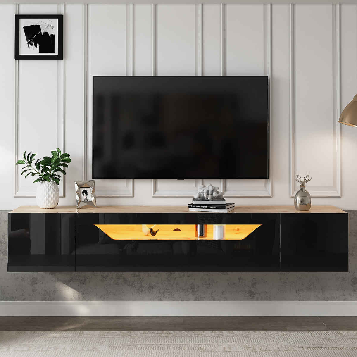 LOWBOARD DE-40345 hängend, mit LED Schwarz/Holz - Schwarz/Naturfarben, Holzwerkstoff (180/36/37cm) - ComfortXL