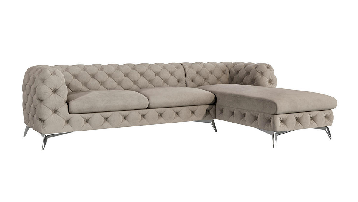 ECKSOFA Chesterfield Laura Dunkle Creme Samt - Silberfarben/Creme, Holz/Textil (305/200cm) - S-Style Möbel