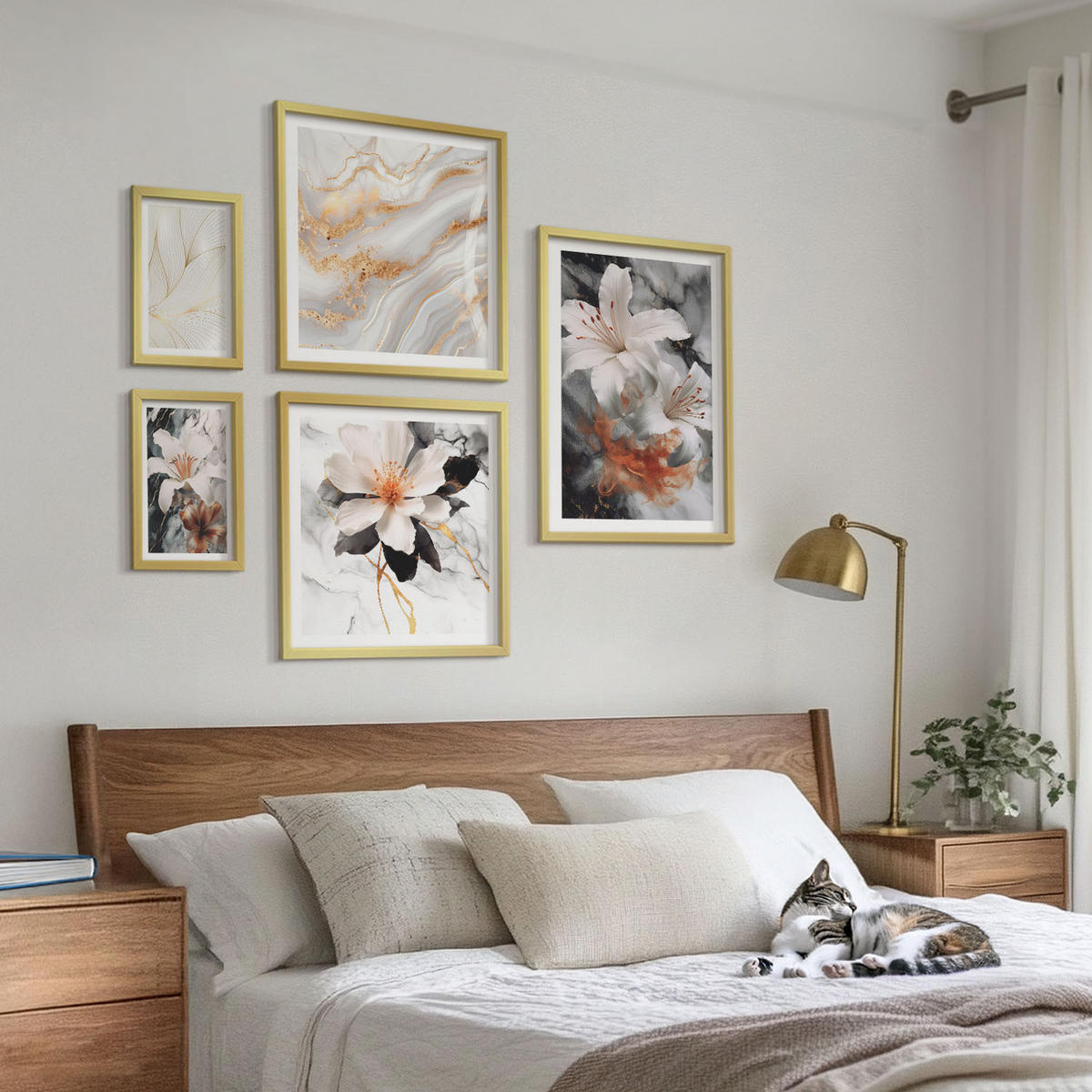 WANDBILDER 5er Set - 50x50 cm & 20x30 cm & 40x60 cm Goldrahmen - Blumen Marmor weiß schwarz - Goldfarben, Kunststoff (40/60cm) - ArtPrintCave