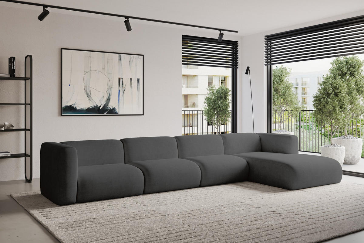 ECKSOFA Ottomane Rechts MIRA-L3 409x179x70 Dunkelgrau Velours - Dunkelgrau/Schwarz, Holzwerkstoff/Kunststoff (409/179cm) - ALTDECOR