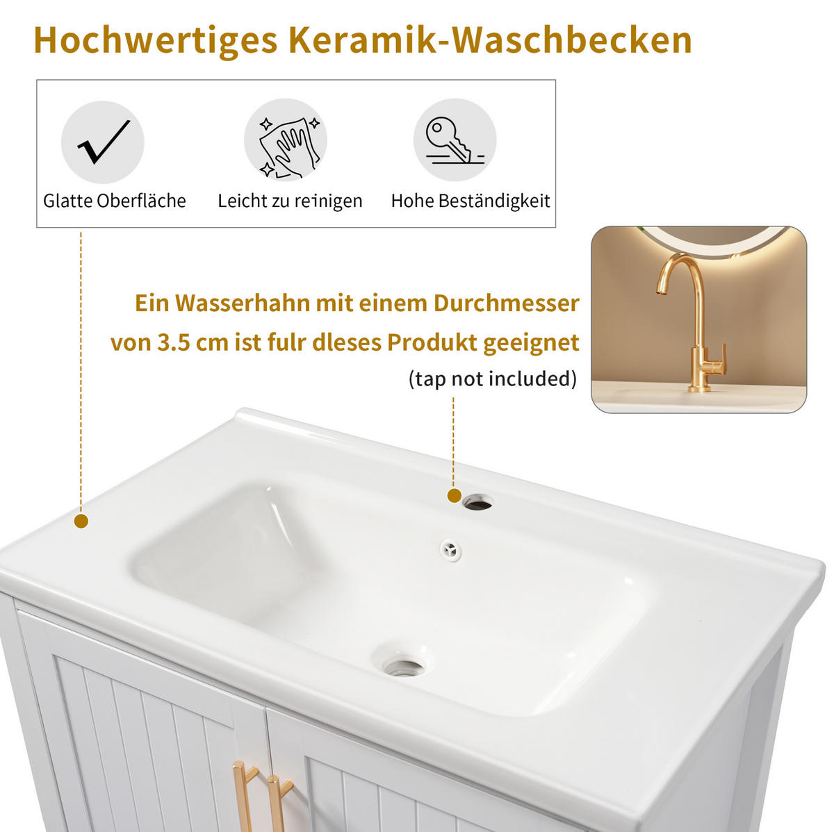 WASCHTISCH mit Unterschrank aus MDF 80x47x89 cm in Weiß, bodenstehend, pflegeleicht und mit Keramikbecken - Weiß, Holzwerkstoff (80/89/47cm) - Modfu
