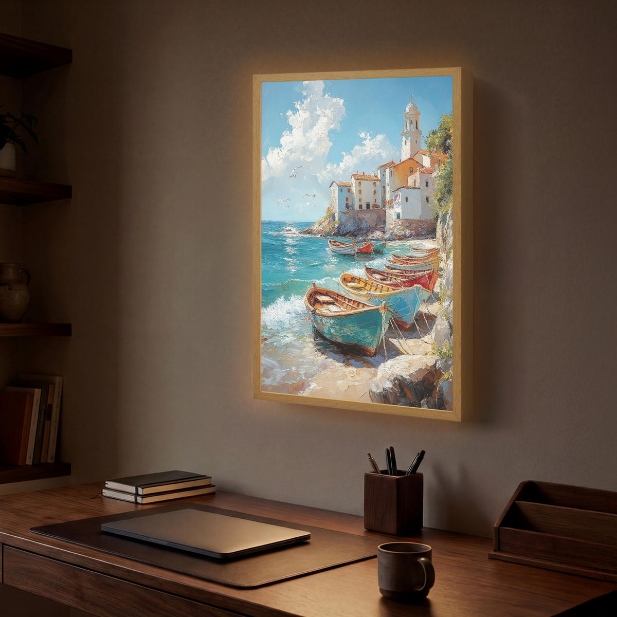 NÁSTĚNNÁ LAMPA S AKUMULÁTOREM Lodě - skály - moře - slunce 40x60 cm - modrá, kompozitní dřevo (40/60/8cm) - OnlyWow