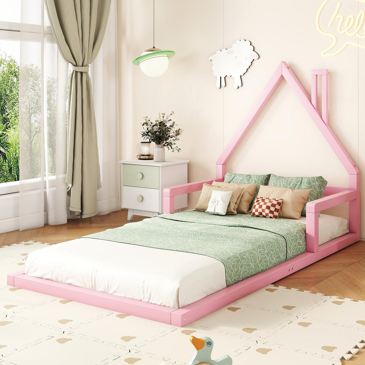 KINDERBETT 90/200 cm in Rosa aus Kiefer massiv in Hausform - Rosa, Holz (90/200cm) - Flora Grace