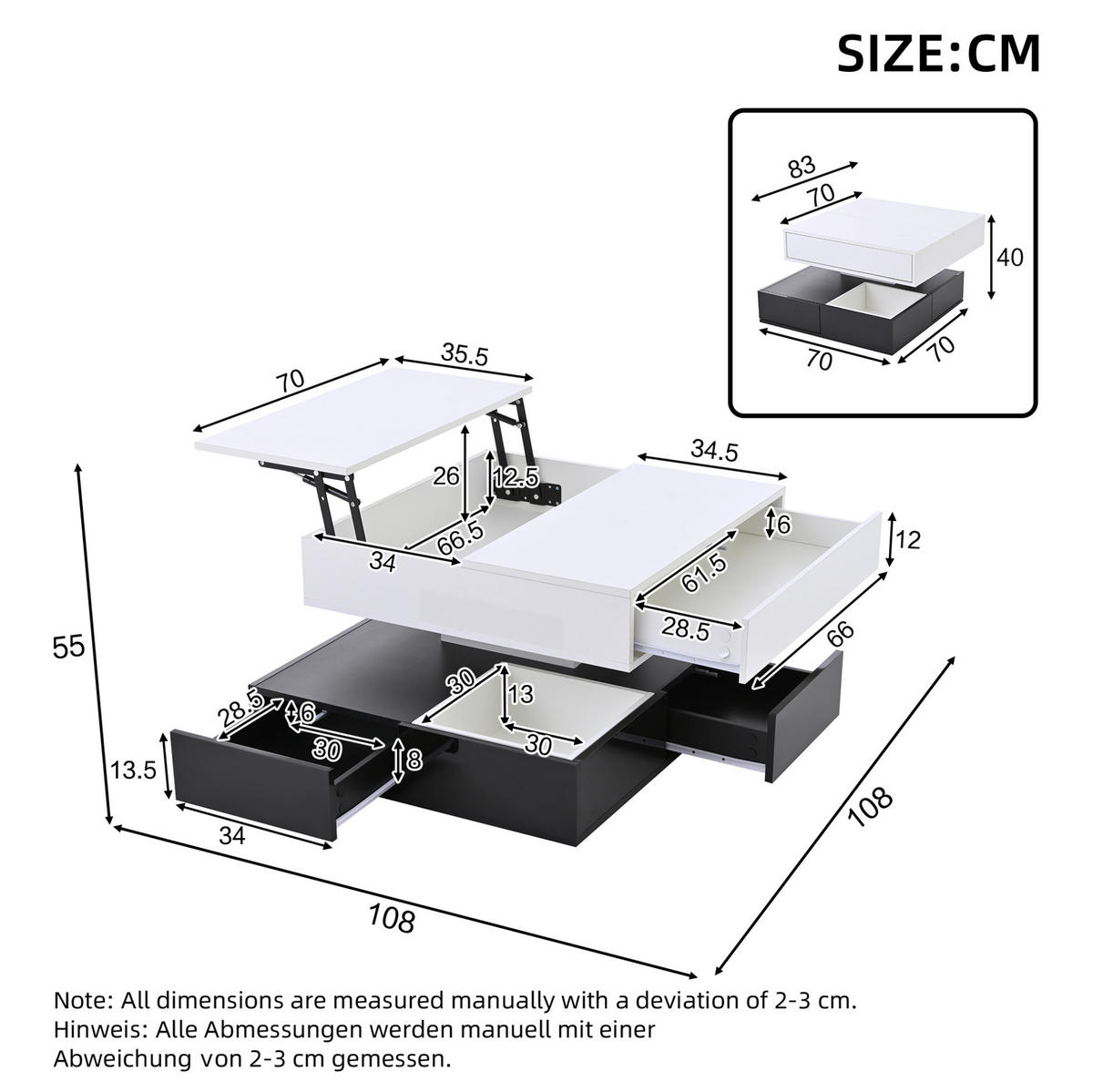 COUCHTISCH aus Spanplatte 70x70x40 cm Schwarz/Weiß mit 360° drehbarer, anhebbarer Tischplatte und 3 Schubladen - Weiß, Holzwerkstoff (70/70/40cm) - Modfu
