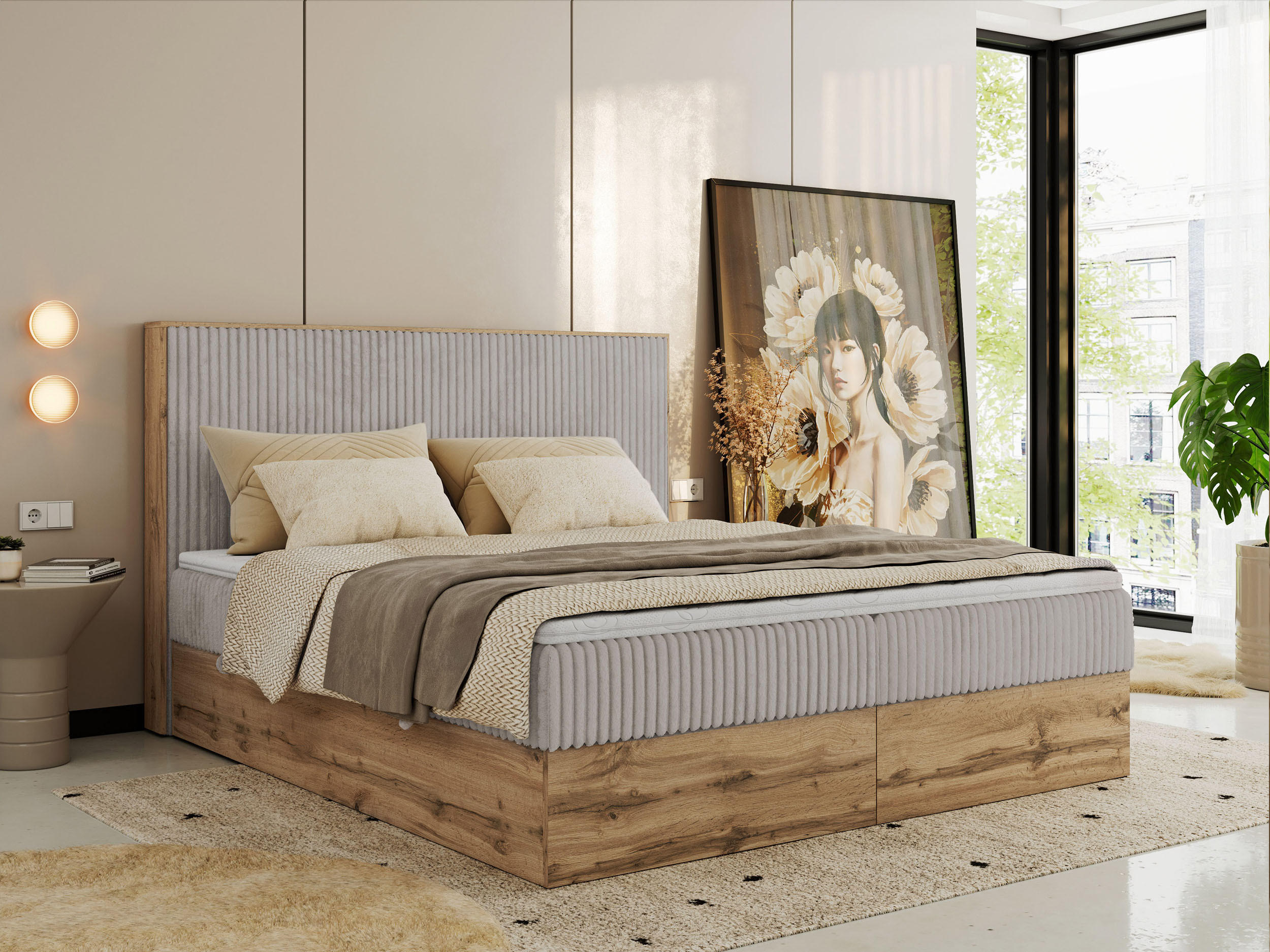 BOXBETT WOOD CLASSIC 180/200 - Hellgrau Cord - H3 - Hellgrau, Textil (180/200cm) - MKS