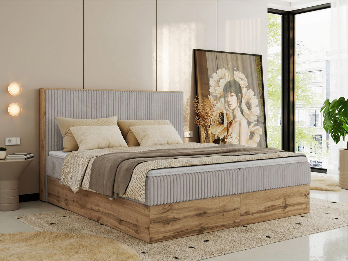 BOXBETT WOOD CLASSIC 180/200 - Hellgrau Cord - H3 - Hellgrau, Textil (180/200cm) - MKS
