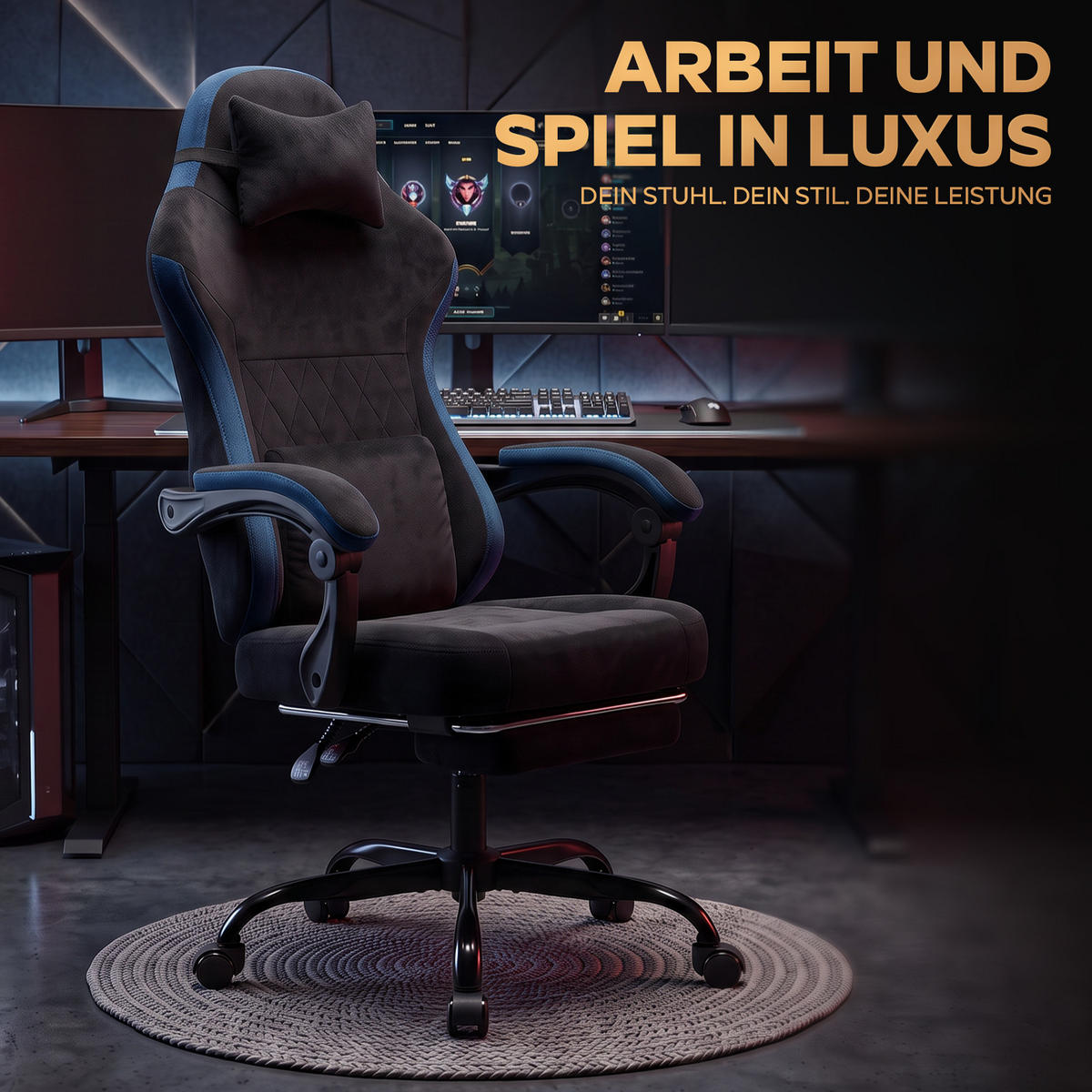 GAMINGSTUHL DE-40995 mit Nackenkissen und Rückenkissen Schwarz/Blau - Blau, Metall (58.5/120.5/63cm) - ComfortXL