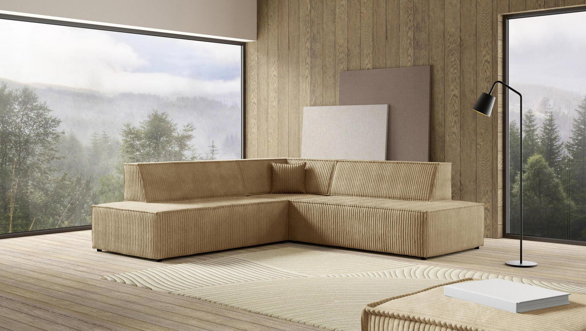 ECKSOFA TESSO II L-S Beige Kordstoff mit Schlaffunktion - Beige, Holz (254/254cm) - MASSENO