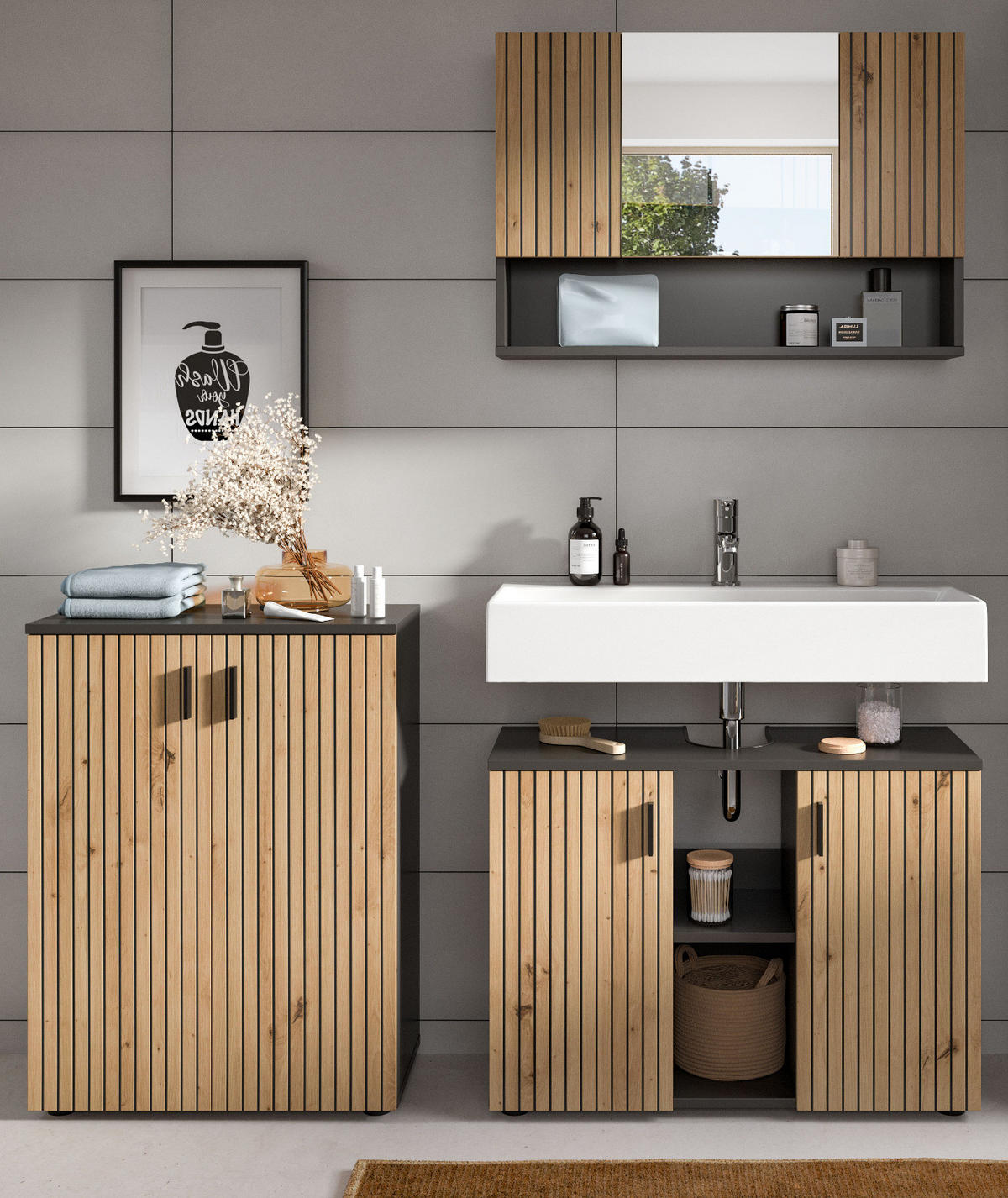 BADMÖBEL-SET Eiche, grau 3-teilig 155 cm, Badmöbel mit Rillen, Livia - Schwarz/Eiche Artisan, Glas/Holzwerkstoff (155/180/30cm) - Inn.Furn