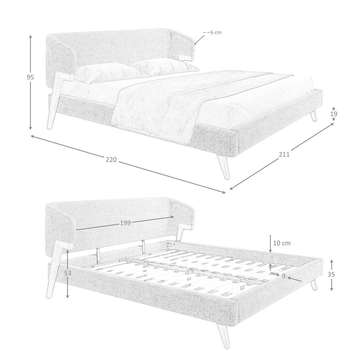 BETT Bett aus grauem Stoff 211/220/95 cm - Grau, Textil (180/200cm) - ANGEL CERDA