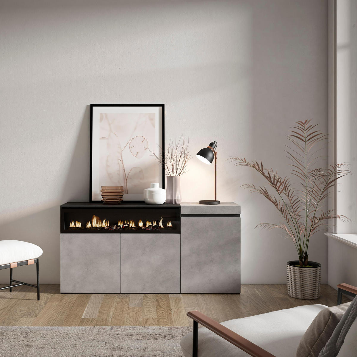 SIDEBOARD Elektrokamin, zementgrau, 150/35/75cm - Grau, Holzwerkstoff (150/75/35cm) - Skraut Home