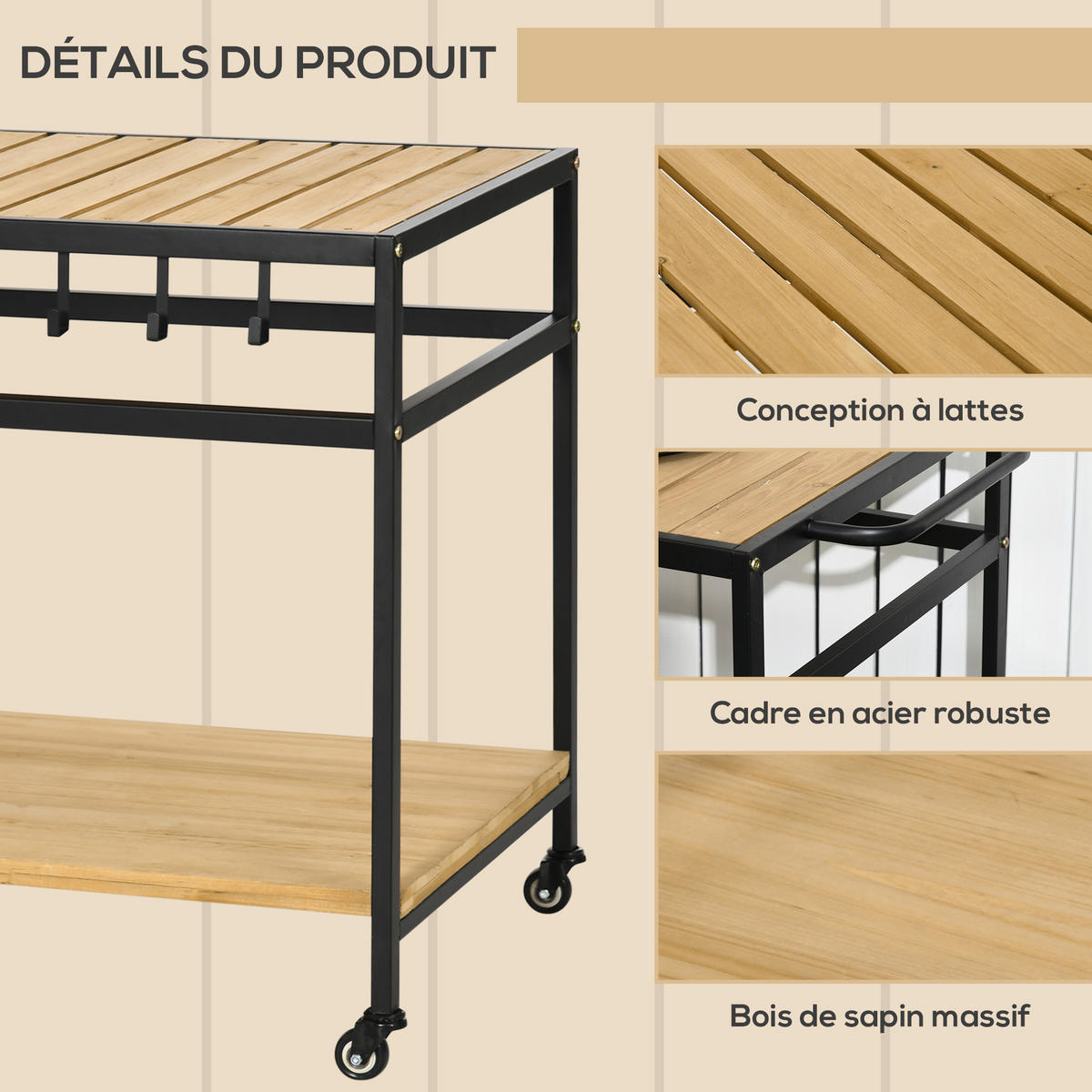 SERVIERWAGEN DE-15974 2 Etagen, 3 Haken Natur - Naturfarben, Metall (65/80/107cm) - ComfortXL
