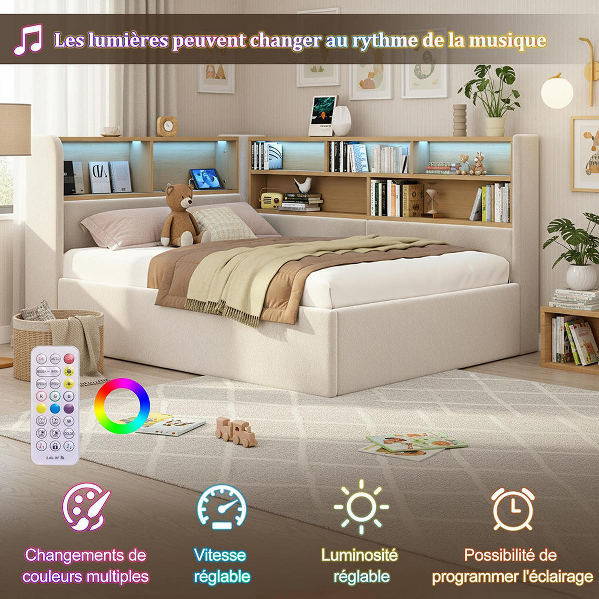 POLSTERBETT 90×200cm mit LED in Beige - Beige, Textil (90/200cm) - KOMHTOM