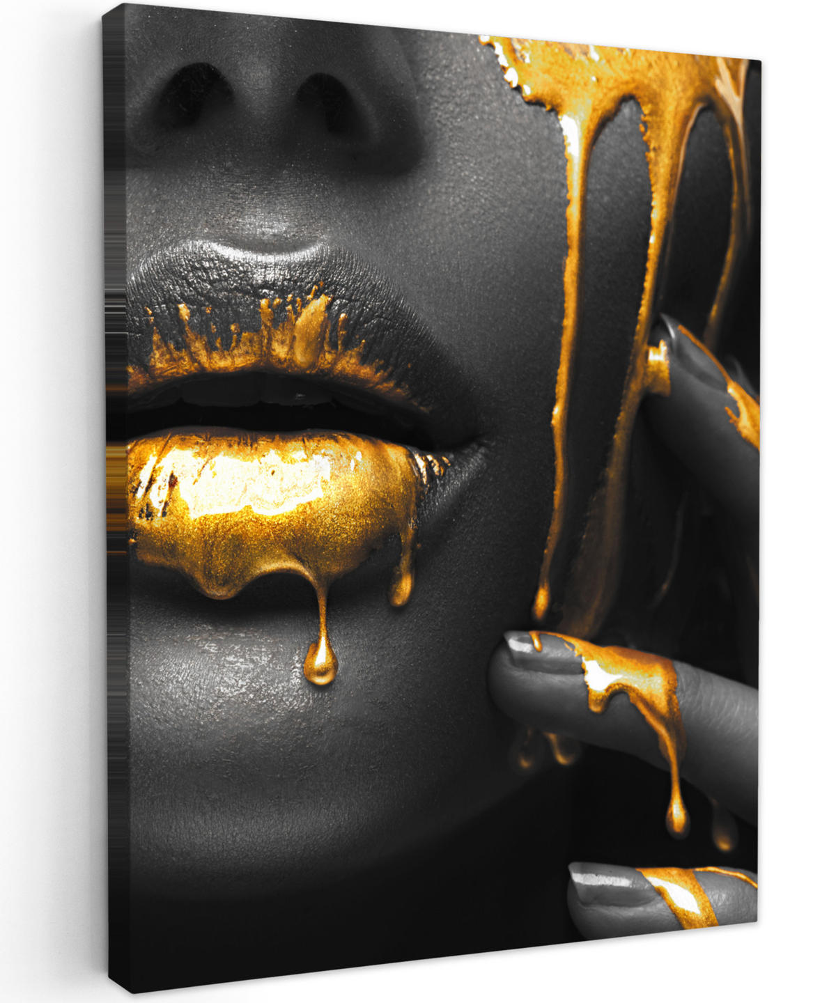 LEINWANDBILD Frau - Schwarz - Gold - Gesicht - Lippen 60x80 cm - Goldfarben, Textil (60/80cm) - MuchoWow