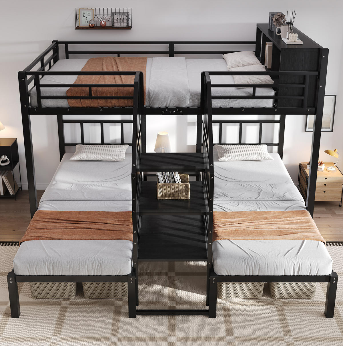 PATROVÁ postel 90/200 a 140/200 cm černá z kovu a dřeva s úložným prostorem a schody s madly - černá, kov (90/200cm) - OKWISH
