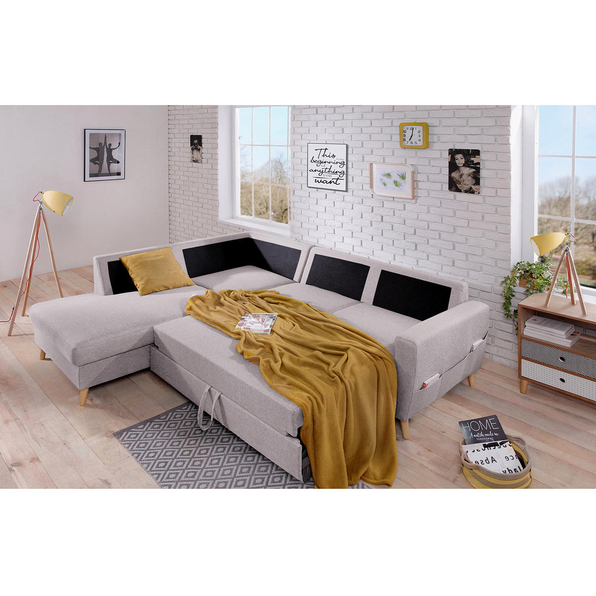 ECKSOFA mit Ottomane - Webstoff - Hellbraun/Hellrosa, Holz/Textil (230/200cm) - home24