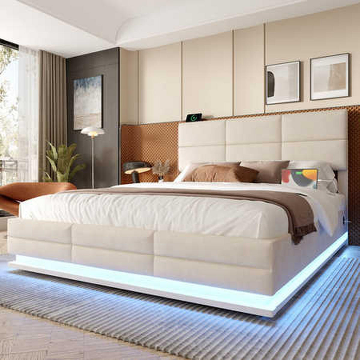 POLSTERBETT 140x200cm Beige Velours mit höhenverstellbarem Kopfteil, dimmbarer LED, USB/Type-C und hydraulischem XXL-Stauraum - Beige, Textil (140/200cm) - Luhomfu