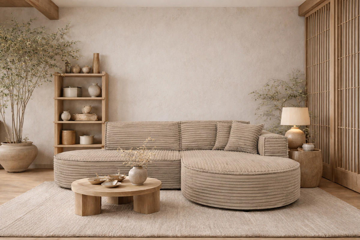 ECKSOFA L-Form, Cordstoff Velo, Beige, Rechts, Modena Studio - Beige, Holz (236/165cm) - Kaiser Möbel
