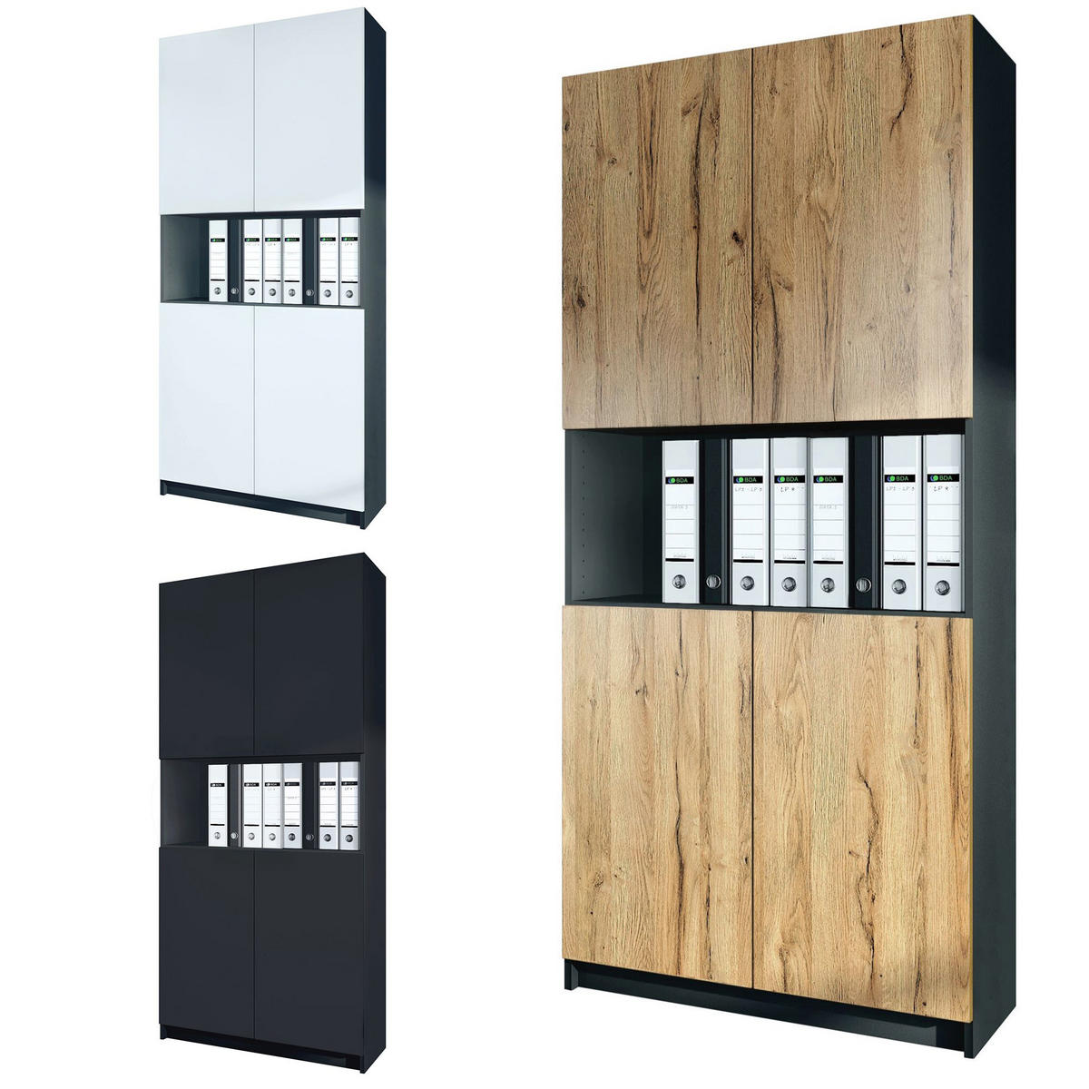 AKTENSCHRANK Elona M2, Büroschrank mit Soft-Close & Push-to-Open, Schwarz/Eiche Natur (82 x 184 x 37 cm) - Eiche Wotan, Holzwerkstoff (82/184/37cm) - InnoFurn