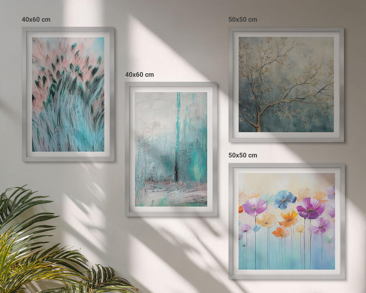 BILDER SET 4er Set - 50x50 cm & 40x60 cm Silberner Rahmen - Hintergrundmuster mit Pastellblumen - Silberfarben, Kunststoff (50/50cm) - TULUP