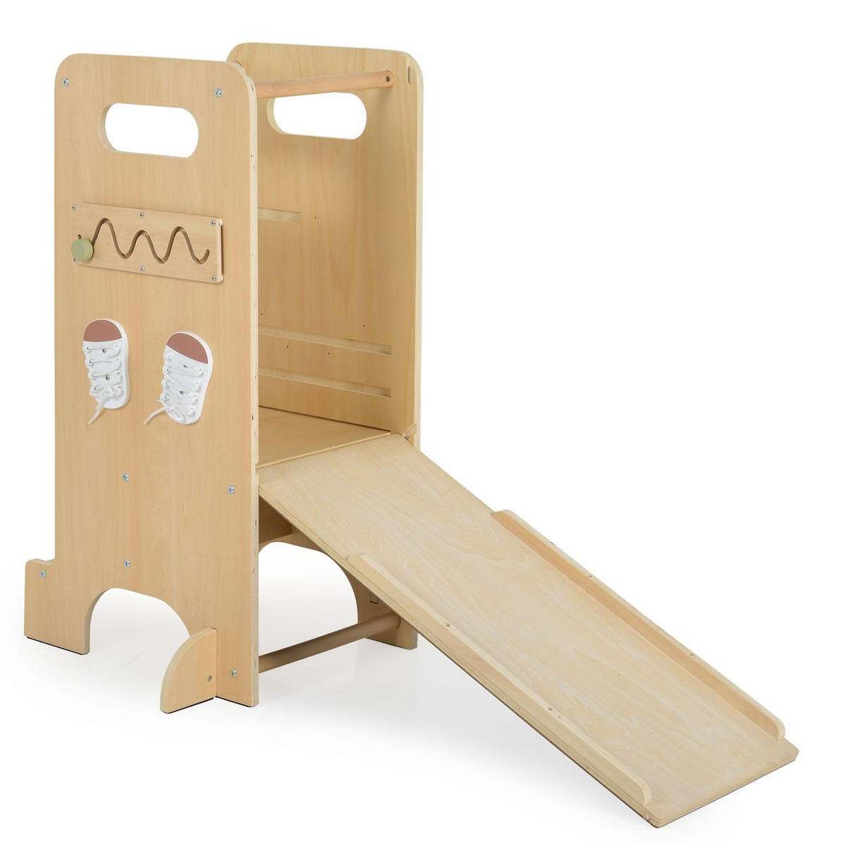 LERNTURM Big Ben 4 in 1 hellbraun 48 x 57 cm, Lernturm, Hochstuhl, Rutsche, Tafel, Uhranzeige, Motorik - Braun, Holzwerkstoff (57/90/481cm) - Moni